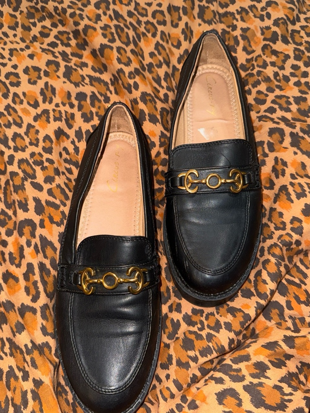 Circus by Sam Edelman Black Leather Loafers with Gold Bit